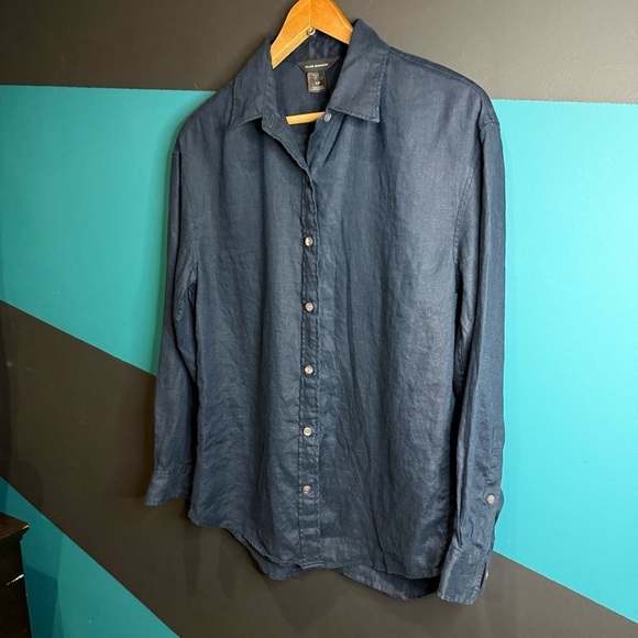Club Monaco Navy 100% Linen Button Down Shirt - Picture 6 of 11